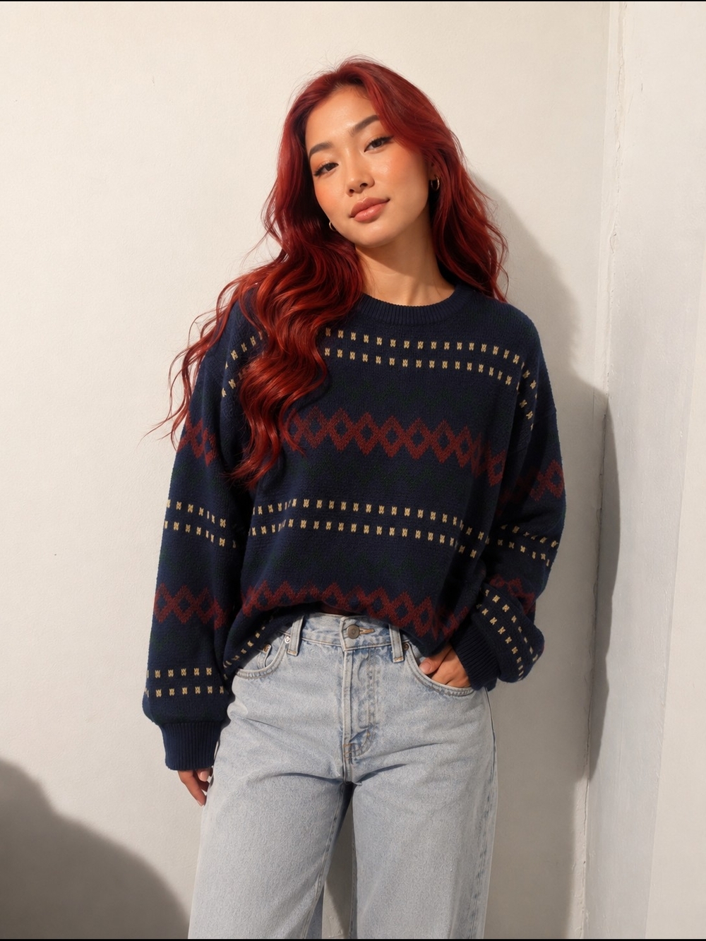 Navy Geometric Knit Crewneck Sweater Size Medium
